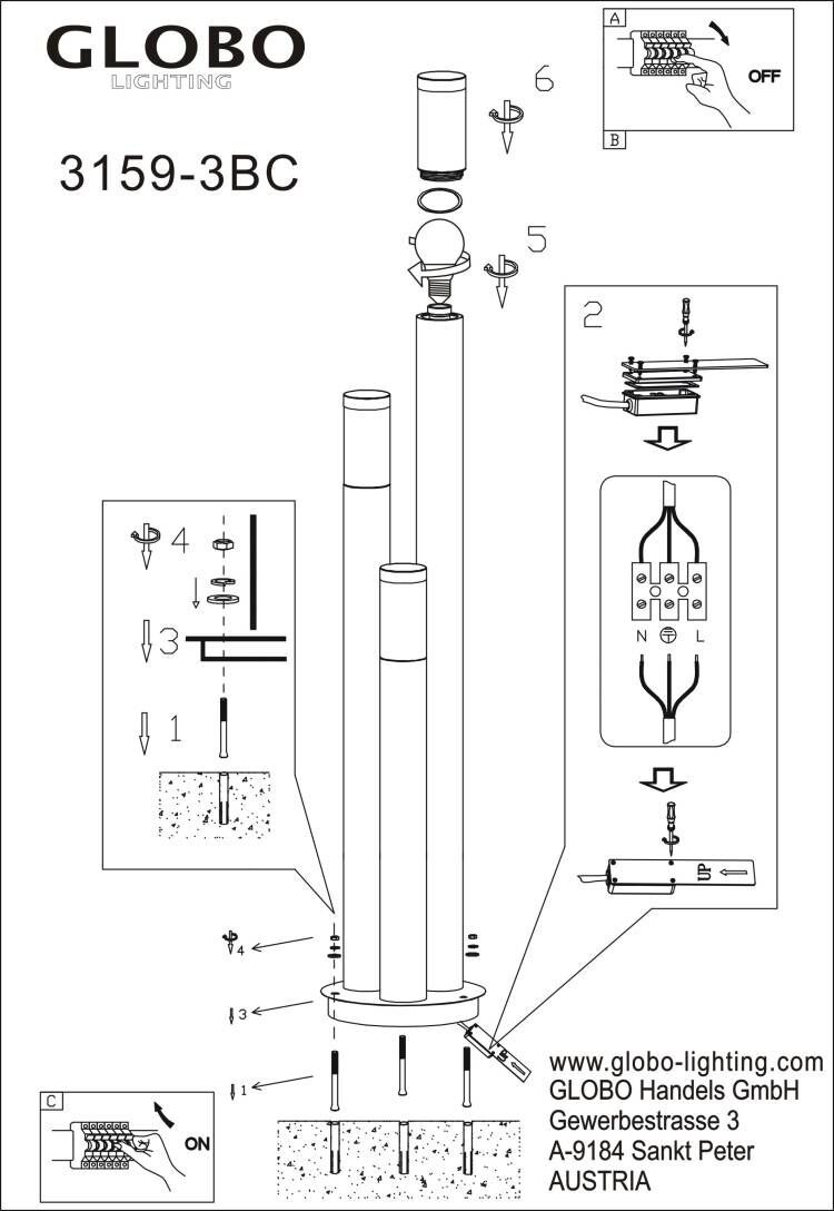 Pylväsvalaisin Globo Boston 3-os 170 cm Musta