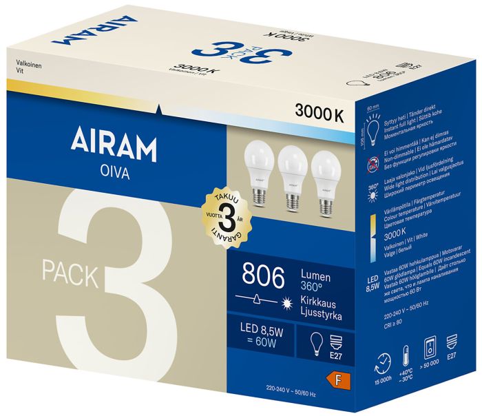 Vakiolamppu Airam LED E27 806 lm 3000 K 3 kpl