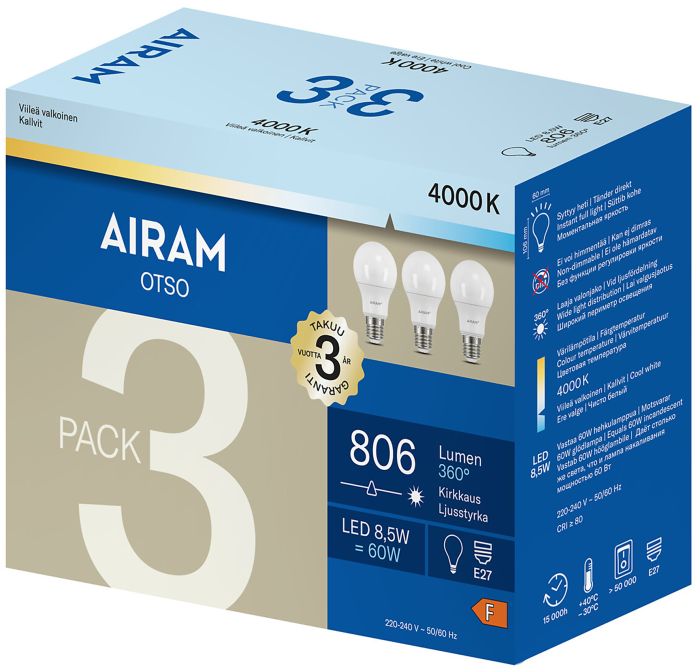 Vakiolamppu Airam LED E27 806 lm 4000 K 3 kpl