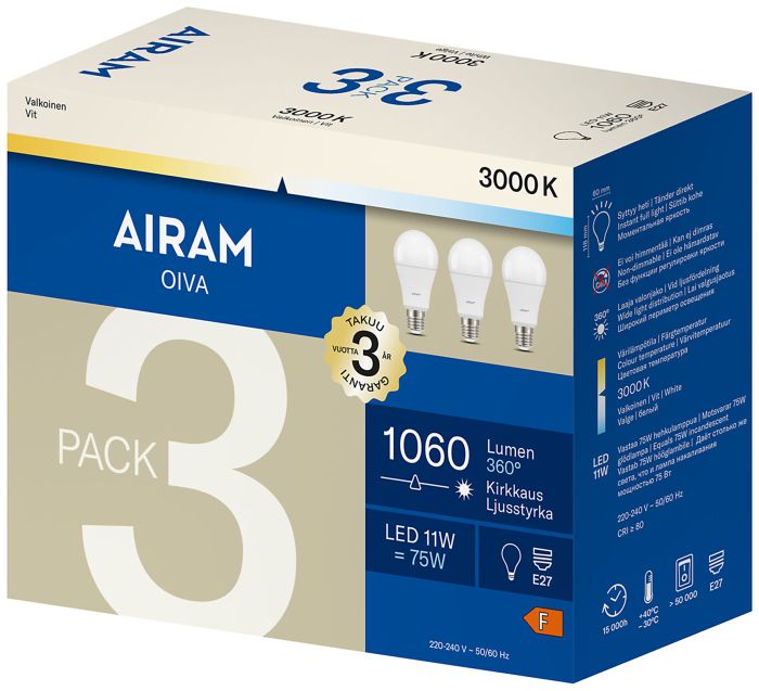 Vakiolamppu Airam LED E27 1060 lm 3000 K 3 kpl