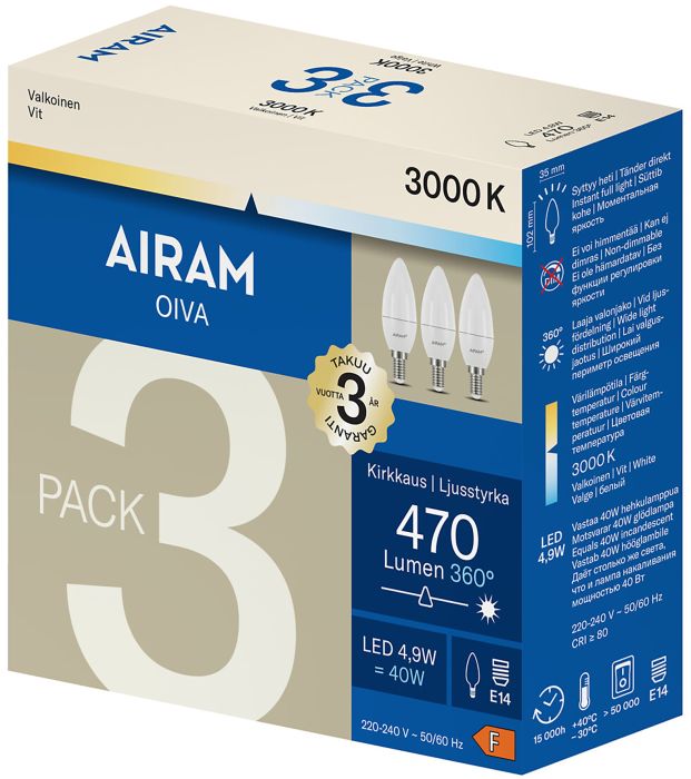Kynttilälamppu Airam LED E14 470 lm 3000 K 3 kpl
