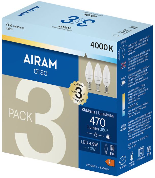 Kynttilälamppu Airam LED E14 470 lm 4000 K 3 kpl