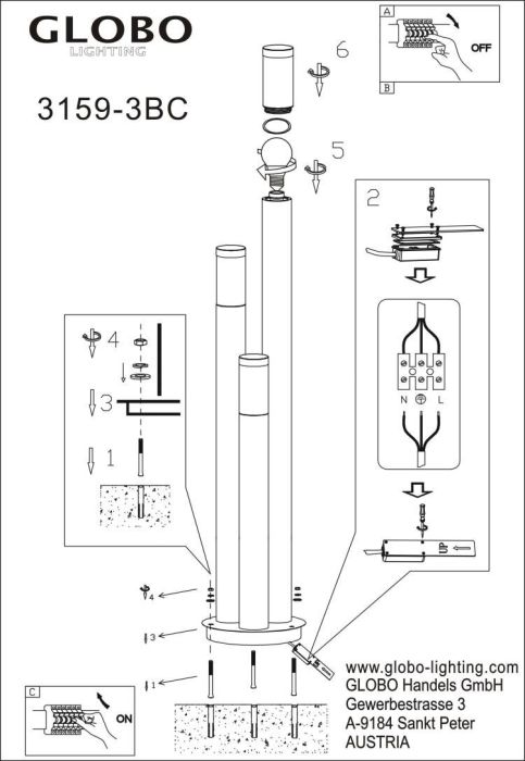 Pylväsvalaisin Globo Boston 3-os 170 cm Musta