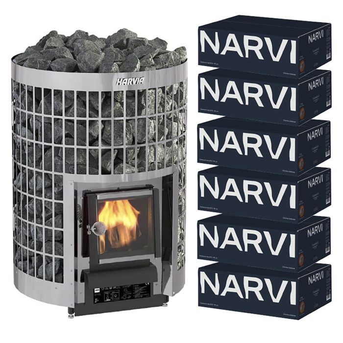Setti: Puukiuas Harvia Cilindro 20 Steel WKPC20S ja 6 kpl Kiuaskivet Narvi 20 kg Ø 10-15 cm