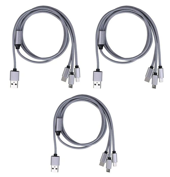 3 kpl USB-kaapeli 3in1 Lightning / Micro-USB / USB-C 3 m
