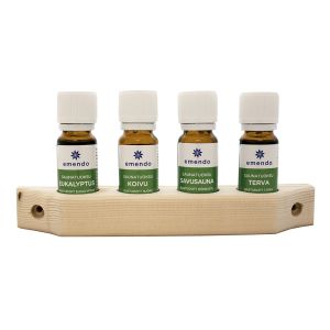 Saunatuoksut Emendo 4 x 10 ml ja puinen seinäteline