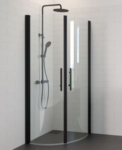 Setti: 2 kpl Lasiovea 90 x 200 cm, 2 kpl Kehyslistaa ja 2 kpl Kahvaa Camargue Skärgård Kirkas lasi/Musta profiili