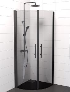 Setti: 2 kpl Lasiovea 90 x 200 cm, 2 kpl Kehyslistaa ja 2 kpl Kahvaa Camargue Skärgård Savulasi/Musta profiili