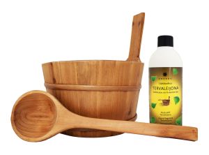 Puukiulu ja -kauha Emendo + Löylytuoksu Tervaleijona 500 ml