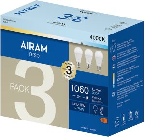 Vakiolamppu Airam LED E27 1060 lm 4000 K 3 kpl