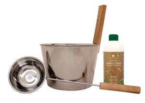 Teräskiulu ja -kauha Emendo + Löylytuoksu Kaneli-Eukalyptys 500 ml