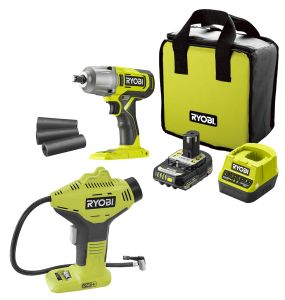 Renkaidenvaihtosetti: Mutterinväännin Ryobi ONE+ RIW18-1C20SA3 + Ilmapumppu Ryobi ONE+ R18PI-0